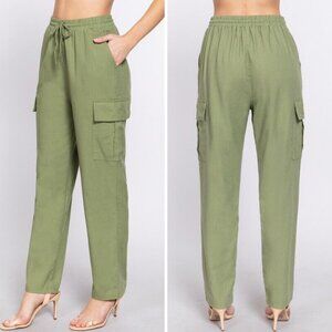 [NWT] Women Cargo Linen Pants with Side Packets Elastic Waist Straight Leg S/M/L